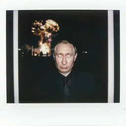 vladimir putin scared leaking skin radiation, polaroid black and white picture, night, glowing eyes, creepypasta, in forest beautiful hydrogen bomb explosion in back 1 9 th century, scary horrifying satanic ritual,