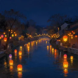 lanterns glowing in many colors, floating down a river at night. beautiful digital detailed landscape painting, matte painting trending on artstation