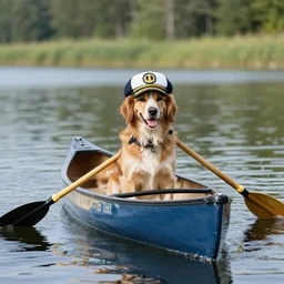 stabijhoun dog with captains hat in a canoo on a lake