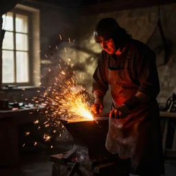 romanian blacksmith, sparks, rays of ligth trough a window, dramatic lighting, yellow and red, atmospheric