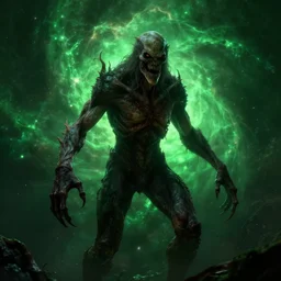 , horrifying creature, unreal engine, deep green nebula background