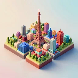 isometric diorama full view of smalls square islands of paris block city on a pale pastel gradient background, ultra detailed, hd textures, sharp focus, volumetric light, depht of field, featured on polycount, cubo - futurism, colorful, voxel art, diorama, cityscape, octane render, no crop!!!