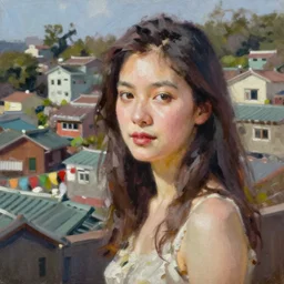 a portrait in jiufen taiwan an oil painting by ross tran and thomas kincade