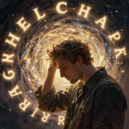 man clutches his head as glowing magical letters spiral around, by Alex Horley