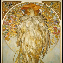 a beautifull intricate painting of a disembodied soul wearing a feathered cloak surrounded by thin ornate golden tendrils, flowers, butterflies, flying silk, vivid colors, artstation, by jeremy mann, by alphonse mucha,