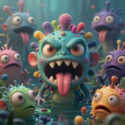 intricate colourful murky with strange cute friendly angry crazy creatures with huge beauty eyes long tongue triangle teeth and scary face appearing from the water, in the style of craola, shallow depth of field, highly detailed, digital painting, trending artstation, concept art, illustration, cinematic lighting, vibrant colors, photorealism, epic, octane render