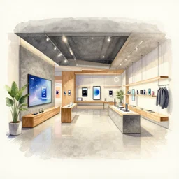 watercolor pencil architectural sketch!! of 2 0 3 0 s flagship retail interior. experience. telco digital screens phones. wood, polished concrete, neon, ceiling spots. plants. samsung microsoft apple nike adidas tesla muted colors
