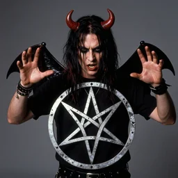 a nu-metal musician using a pentagram to conjure a demon. Horror film production photo from the 2000’s.