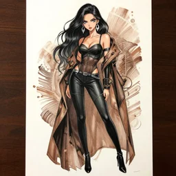 gorgeous young woman with silver earrings, wearing a sexy outfit, full body drawing, black and brown colors, in the style of greg rutkowski, anime artstyle, intricate