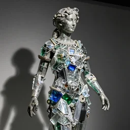 “Artemis statue made of pieces of glass and plastic bags, detailed but rough, refracting light, 4k photo, great light and shadows, Sony 175mm”