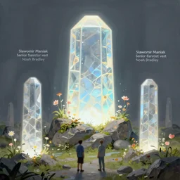 a painting of a glowing monolith in a landscape with rocks and flowers, concept art by senior environment artist and by slawomir maniak and by senior character artist and by noah bradley and by tyler edlin, featured on polycount, fantasy art, concept art, artstation hq, official art