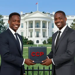 whitehouse politicians in black handing over technology to the ccp, inspired by mark ryden, concept art, digital art