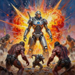 time lapse with futuristic human in war with prehistoric humans, acrylic painting, highly detailed, explosion of color, sharp focus, unrealistic