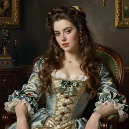 woman sit in the chair, long hair, ultra detailed, beautiful eyes, by greg hildebrandt fancy rococo baroque oil painting high quality clothed in fancy garb in pin up style