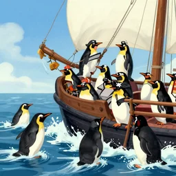 penguin pirates raiding a yacht