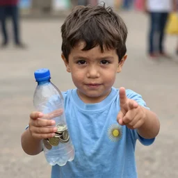 a 1 0 year old argentina boy proudly holding a plastic bottle and some coins towards the camera