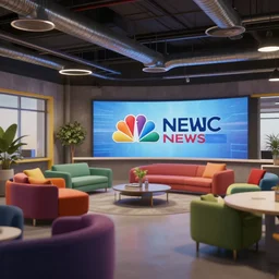 nbc newsroom industrial, colorful furniture, ceiling ducts, octane render, unreal engine 5, ray tracing, depth of field