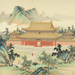 a beautiful painting of a buddhist temple in a serene landscape, traditional chinese painting,