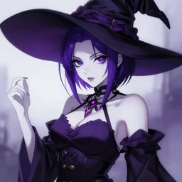Beautiful grown up anime women as a evil witch with purple short hair , pale white skin, artstation , 4K , Highly detailed , high quality , drawn by Kittichai Rueangchaichan (Razaras)