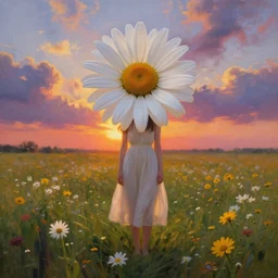 large daisy flower as head, full body girl standing in a flower field, surreal photography, sunrise, dramatic light, impressionist painting, colorful clouds, digital painting, artstation, simon stalenhag