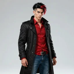 An epic fantasy comic book style portrait painting of a young man with black and red undercut haircut, wearing a red shirt, black overcoat, blue jeans.  Unreal 5, DAZ, hyperrealistic, octane render, cosplay, RPG portrait, dynamic lighting