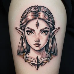 tattoo design, stencil, clean line art, g pen, portrait of princess zelda by artgerm, symmetrical face, beautiful, triforce