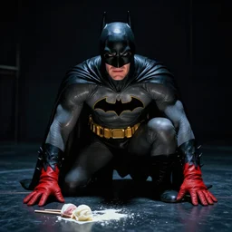 maxwell smart wrestling batman in the cone of silence. dark room red gloves. icecream on the floor. from stanley kubrick movie