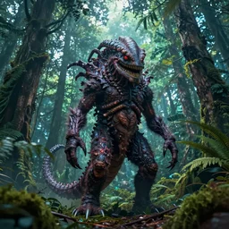 wide angle dslr photograph of a very hairy demogorgon, standing in a forest clearing, epic cinematic lighting, psychadelic