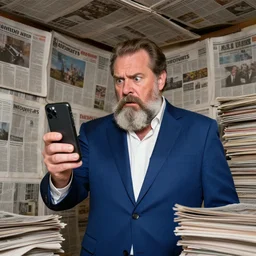 dslr photo still of infowars host alex jones in a blue suit fat grey beard and mustache!!! with a frown on his face!!! in a!!! room filled to the ceiling with newspapers newspapers to the ceiling newspapers everywhere stacks of newspapers!!!!!! looking at an iphone in shock gazing at an iphone in his hand scared look at iphone being held up!!!, 5 2 mm f 1. 8