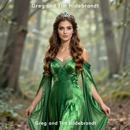 A beautiful Queen of the Fae with brown hair wearing a pleated green dress and a silver diadem, original book cover art by Greg and Tim Hildebrandt