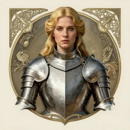 masterpiece head-on symmetrical centered portrait, Elisha Cuthbert as a warrior, medieval era, blonde hair, fully armoured, art nouveau, gothic, elegant, distant, in the style of Edgar Maxence and Jesper Ejsing and Mikaloius Konstantinas Ciurlionis and Michael Whelan and and Gustave Doré, specular highlights, 8k, octane render