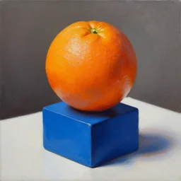 An oil painting of an orange sphere on top of a blue cube sitting on a white table, dramatic lighting, hyper-realistic, extremely high detail, artstation