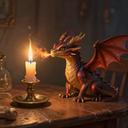 tiny dragon that lights a candle with its fire breath, the candle is on a wooden table, on a candle holder, the dragon is placed on the table and a single flame comes from his mouth, fantasy painting, artstation, Fantasycore, award winning, stunning art, cozy
