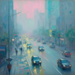 impressionist oil painting of a high - tech city, many cars, volumetric light, foggy, moody, kodak, slow shutter speed, cyan and pink light