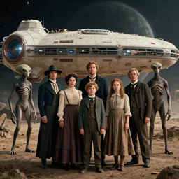 still from a sci fi blockbuster color movie made in 2022, set in 1860, of a family standing in front of a spaceship that has just landed on an alien planet, a humanoid alien creature stands nearby, the family are all wearing 1850s era clothes, cinematic lighting, cinematic camera, 4k, sharp focus, extremely good quality lighting, good quality photography, A list cast, famous actors, famous actresses, oscar winner