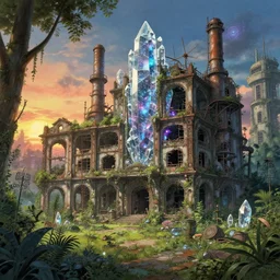 a beautiful hyperdetailed illustration of garden abandoned unfinished building industrial architecture architecture by albrecht durer, crystal cosmic scumm bar synthwave at dawn sunset bladerunner 2 0 4 9 forest futuristic studio ghibli cyberpunk, archdaily, wallpaper, highly detailed, trending on artstation.