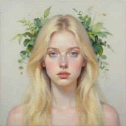 a symmetrical portrait of a blonde woman with plants in hair, oil painting, pale colors, high detail, 8 k, wide angle, trending on artstation,