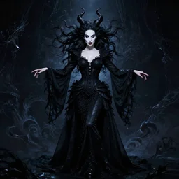 style of ellen jewett, artgerm : : gorgeous willa holland : : evil witch, swirling black magic, black dress : : symmetrical face, symmetrical eyes : : full body pose : : gorgeous black hair : : magic lighting, low spacial lighting : :