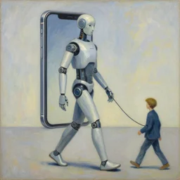 an impressionist painting of a walking smartphone humanoid high tech holding a person on a leash. it's symbolic you wouldn't get it