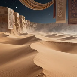 polygonal sand dunes with giant walls and skies showing the stars and hanging silk drapery and tapestries, light dust, magnificent, close up, sharp focus, elegant, highly detailed, illustration, by jordan grimmer greg rutkowski wlop maya takamura, intricate, trending artstation, pixiv, digital art
