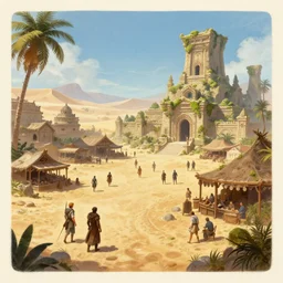 low angle wide shot, the elder scrolls vi hammerfell, capital city, marketsquare ( ( sand dunes, desert ruined temple covered with moss ) ), sub tropical, illustration, poster edge spring, perfectly shaded, soft painting, art bby mark kent, jordan lamarre - wan, igor kieryluk, maxim verehin, miranda meeks