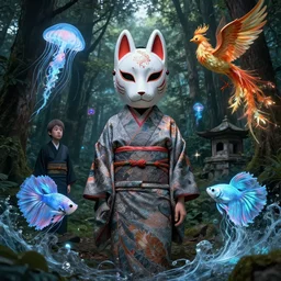 3 d liminal space abandoned temple forest. beautiful intricately detailed japanese crow kitsune mask and clasical japanese kimono. betta fish, jellyfish phoenix, bio luminescent, plasma, ice, water, wind, creature, artwork by tooth wu and wlop and beeple and greg rutkowski