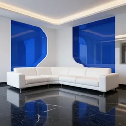 a futuristic modern interior in the style of mc escher, reflective black marble floors with cobalt blue highlights, well framed white leather sofa seating, hyper realistic art, in the style of national geographic, 4 k, hyper realistic, coherent design, symmetrical, vivid colour, trending on art station, in the style of pi - slices, complementary colour, golden ratio, detailed, sharp lines, intricate, rainbow shift, in unreal 3 d engine, ray tracing, octane render