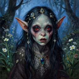 a pretty but sinister and creepy goblin in layers of fear, with haunted eyes, violence in her eyes, 1 9 7 0 s, seventies, delicate embellishments, a little blood, woodland, blue dawn light shining on wildflowers, painterly, offset printing technique, by walter popp, alexandre cabanel