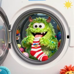 silly monster eating socks, inside a dryer, by rudolf hausner and jim henson, thomas kinkade, edward hopper, 3 d model, octane render, daytime made in blender, trending on artstation, trending on nightcafe, unreal engine, behance, wallpaper 4 k, realism, bright loud colors