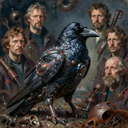 portrait of raven, cybertronic gadgets, flesh with technology, durty colours, night, rotten textures, rusty shapes, biotechnology, dariusz zawadzki, tim hildebrandt, wayne barlow, bruce pennington, larry elmore, oil on canvas, deep depth field, masterpiece, cinematic composition, hyper - detailed, hd, hdr
