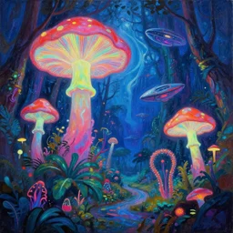 felucia landscape, neon jungle, giant fluorescent fungi, psychedelic, starships, painting by brothers hildebrandt