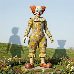 clown statue colossus textured in color lichen stands in flower garden on hills by henri rousseau masterpiece shadows and highlights mucha beksinski
