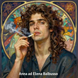 realistic detailed beautiful portrait  young man with long curly brown hair smoking by Anna and Elena Balbusso, Art Nouveau, rich deep vibrant colors