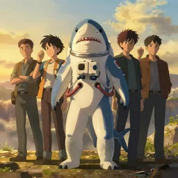 humanoid shark cosmonaut, proudly posing for a portrait, greg rutkowski, rhads, ferdinand knab, makoto shinkai lois van baarle, ilya kuvshinov, rossdraws, tom bagshaw, global illumination, intricate, detailed, atmospheric lighting, golden hour.